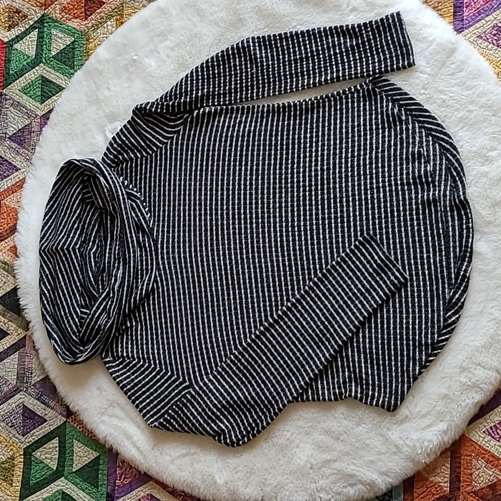 Lucky Brand Black & White Stripe Loose Cowl Neck Thin Waffle Knit Casual Sweater
